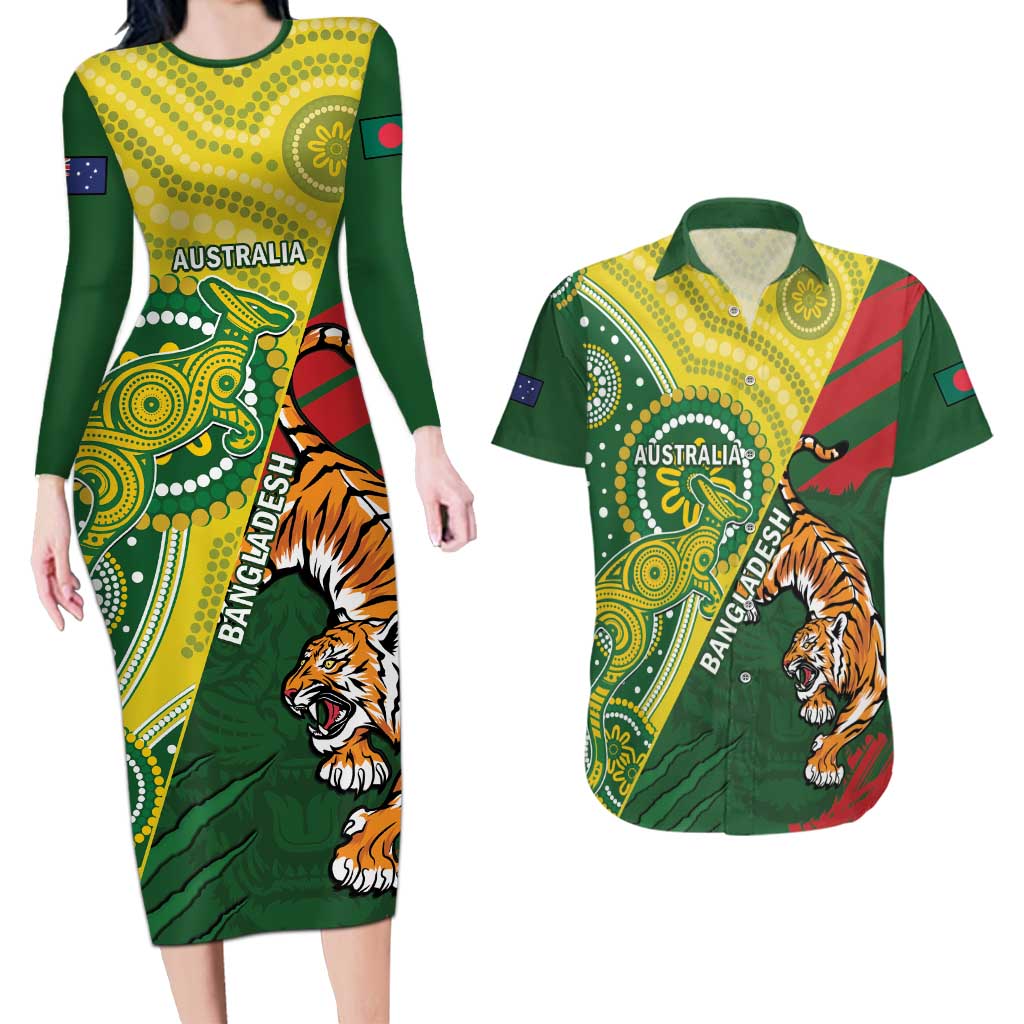 Custom Bangladesh And Australia Cricket Couples Matching Long Sleeve Bodycon Dress and Hawaiian Shirt Kangaroo Tiger Together - Wonder Print Shop