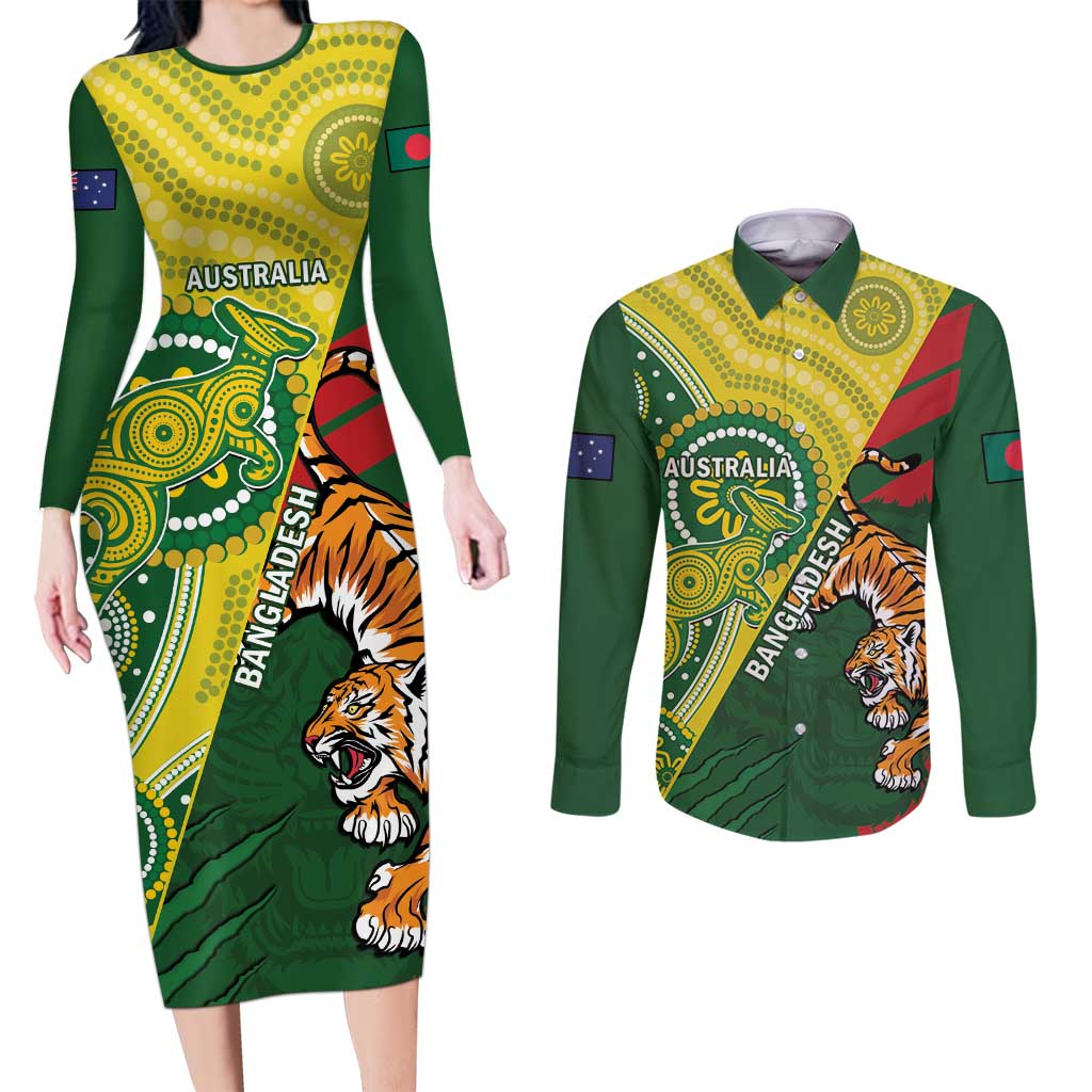 Custom Bangladesh And Australia Cricket Couples Matching Long Sleeve Bodycon Dress and Long Sleeve Button Shirt Kangaroo Tiger Together - Wonder Print Shop