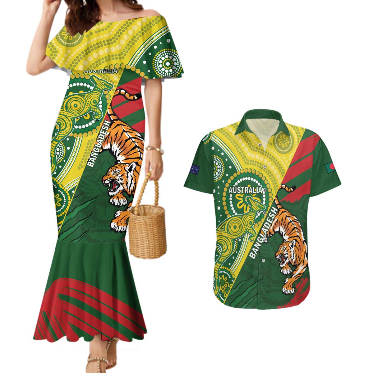 Custom Bangladesh And Australia Cricket Couples Matching Mermaid Dress and Hawaiian Shirt Kangaroo Tiger Together - Wonder Print Shop