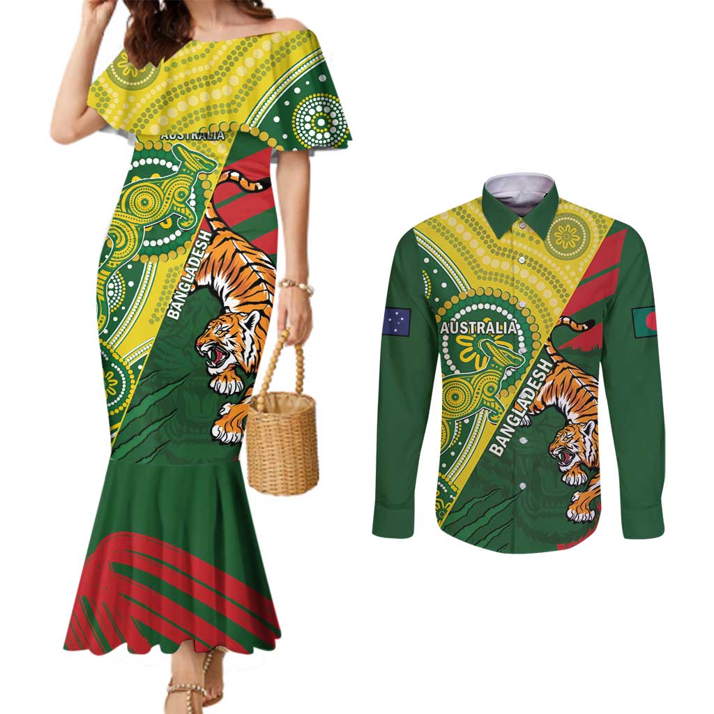 Custom Bangladesh And Australia Cricket Couples Matching Mermaid Dress and Long Sleeve Button Shirt Kangaroo Tiger Together