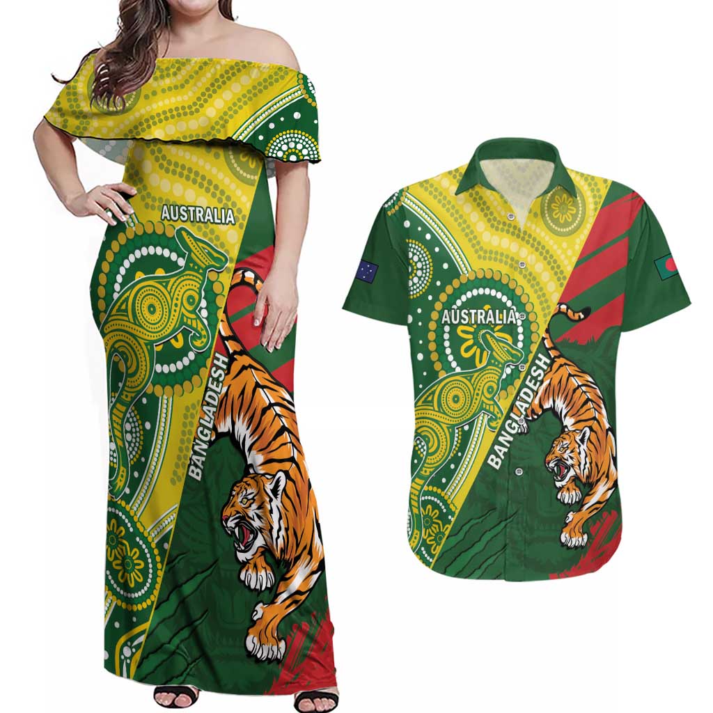 Custom Bangladesh And Australia Cricket Couples Matching Off Shoulder Maxi Dress and Hawaiian Shirt Kangaroo Tiger Together - Wonder Print Shop