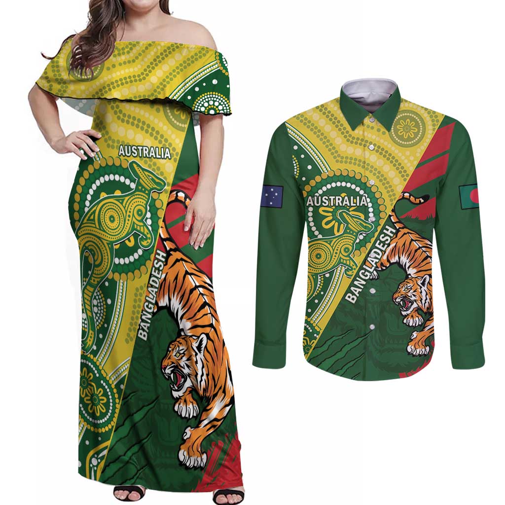 Custom Bangladesh And Australia Cricket Couples Matching Off Shoulder Maxi Dress and Long Sleeve Button Shirt Kangaroo Tiger Together - Wonder Print Shop