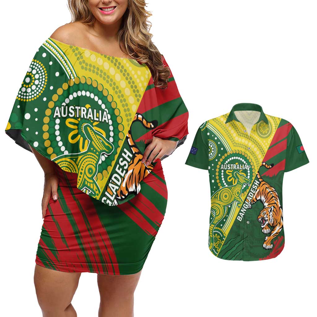 Custom Bangladesh And Australia Cricket Couples Matching Off Shoulder Short Dress and Hawaiian Shirt Kangaroo Tiger Together - Wonder Print Shop