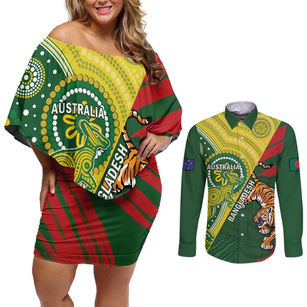 Custom Bangladesh And Australia Cricket Couples Matching Off Shoulder Short Dress and Long Sleeve Button Shirt Kangaroo Tiger Together - Wonder Print Shop