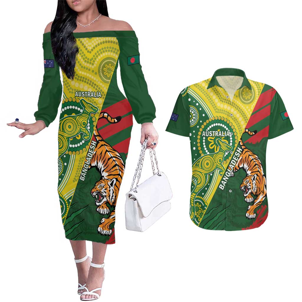 Custom Bangladesh And Australia Cricket Couples Matching Off The Shoulder Long Sleeve Dress and Hawaiian Shirt Kangaroo Tiger Together - Wonder Print Shop