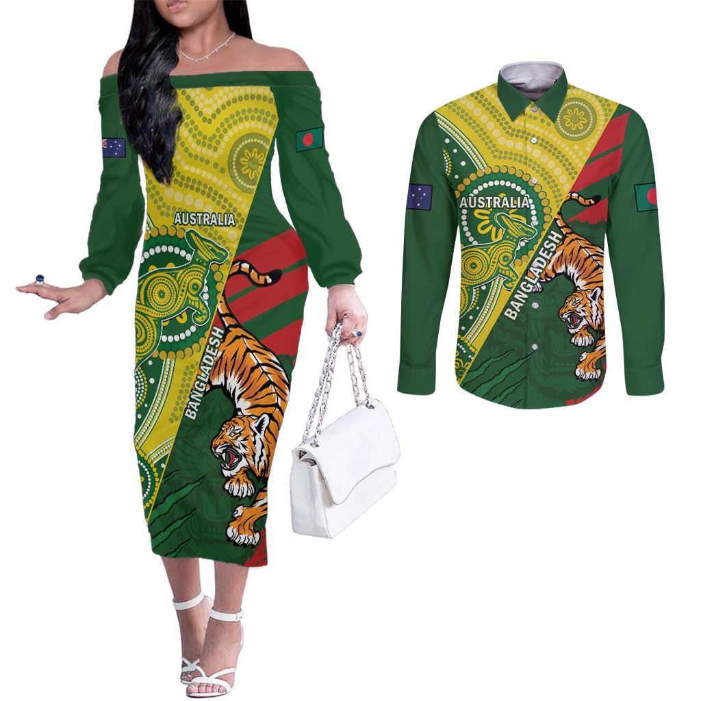 Custom Bangladesh And Australia Cricket Couples Matching Off The Shoulder Long Sleeve Dress and Long Sleeve Button Shirt Kangaroo Tiger Together