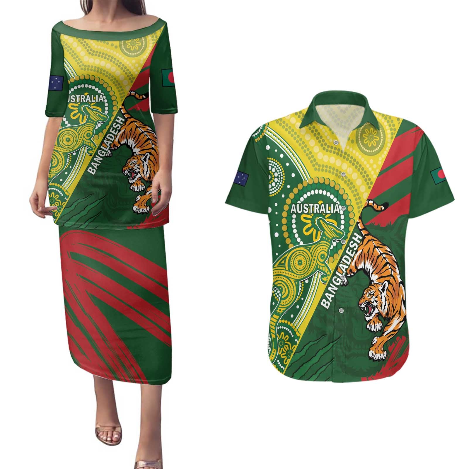 Custom Bangladesh And Australia Cricket Couples Matching Puletasi and Hawaiian Shirt Kangaroo Tiger Together - Wonder Print Shop