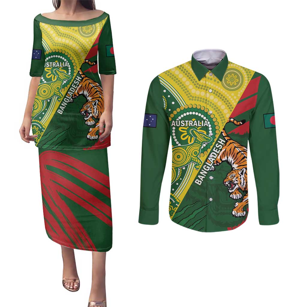 Custom Bangladesh And Australia Cricket Couples Matching Puletasi and Long Sleeve Button Shirt Kangaroo Tiger Together - Wonder Print Shop