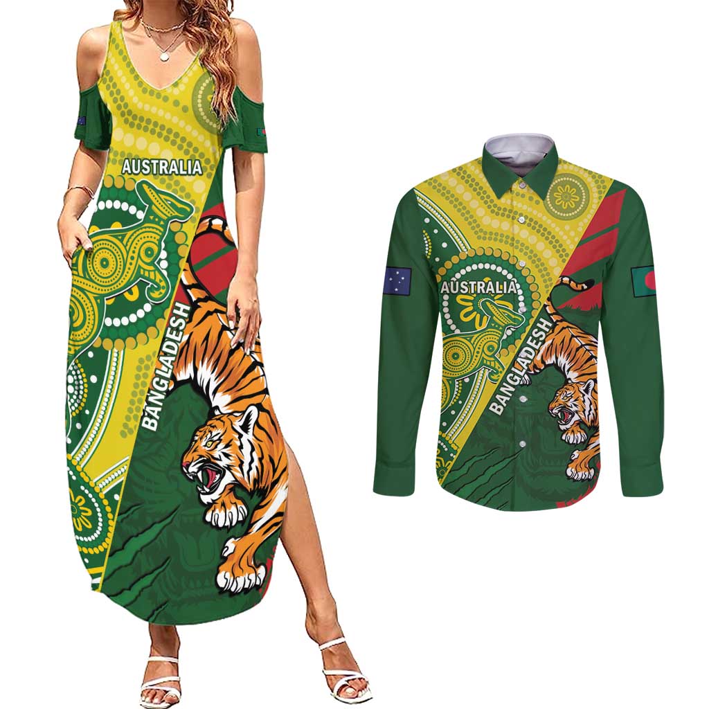 Custom Bangladesh And Australia Cricket Couples Matching Summer Maxi Dress and Long Sleeve Button Shirt Kangaroo Tiger Together - Wonder Print Shop