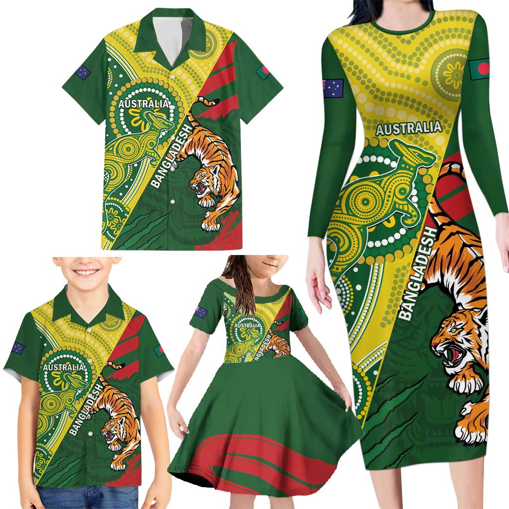 Custom Bangladesh And Australia Cricket Family Matching Long Sleeve Bodycon Dress and Hawaiian Shirt Kangaroo Tiger Together - Wonder Print Shop