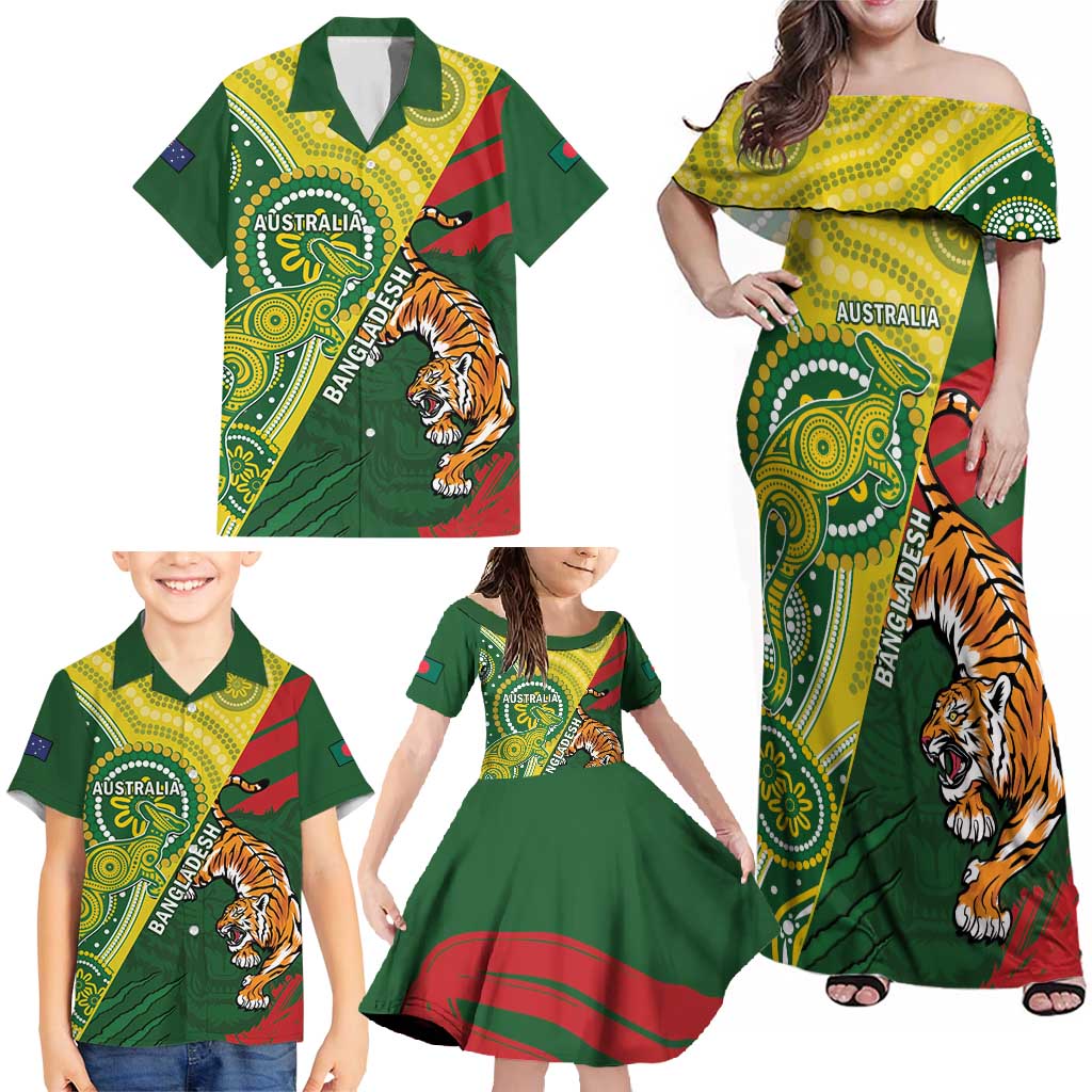 Custom Bangladesh And Australia Cricket Family Matching Off Shoulder Maxi Dress and Hawaiian Shirt Kangaroo Tiger Together - Wonder Print Shop