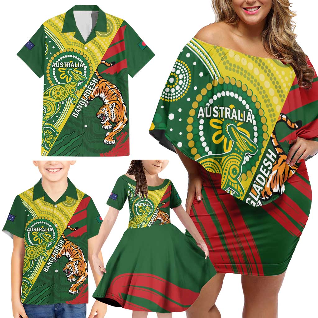 Custom Bangladesh And Australia Cricket Family Matching Off Shoulder Short Dress and Hawaiian Shirt Kangaroo Tiger Together - Wonder Print Shop