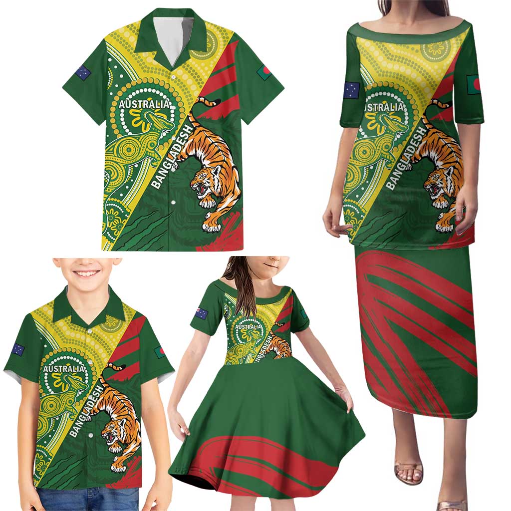 Custom Bangladesh And Australia Cricket Family Matching Puletasi and Hawaiian Shirt Kangaroo Tiger Together - Wonder Print Shop