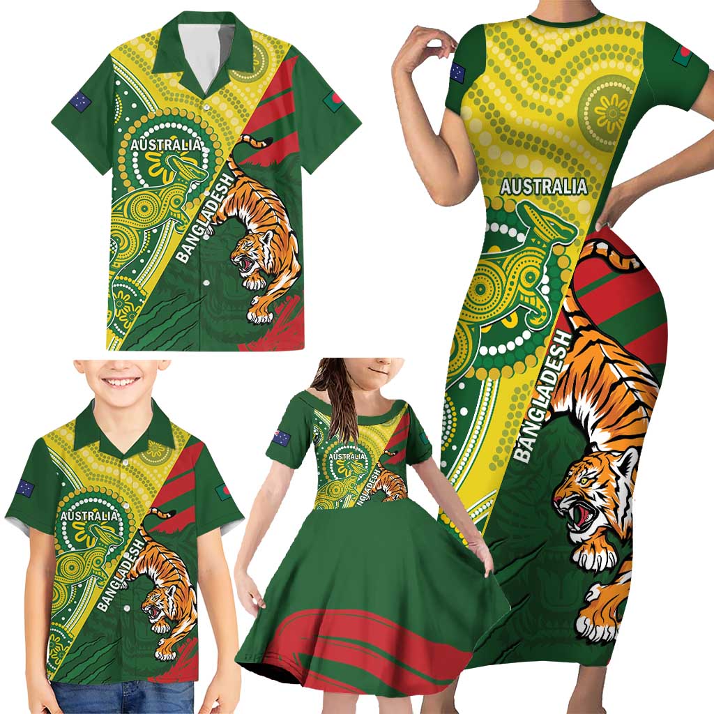 Custom Bangladesh And Australia Cricket Family Matching Short Sleeve Bodycon Dress and Hawaiian Shirt Kangaroo Tiger Together - Wonder Print Shop