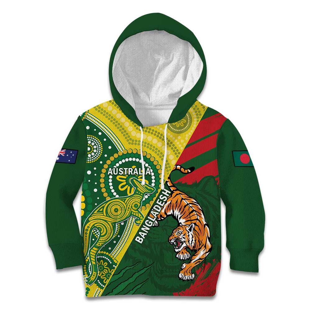 Custom Bangladesh And Australia Cricket Kid Hoodie Kangaroo Tiger Together - Wonder Print Shop