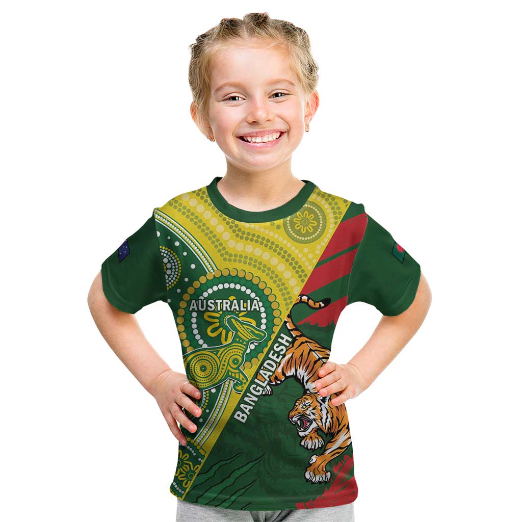 Custom Bangladesh And Australia Cricket Kid T Shirt Kangaroo Tiger Together - Wonder Print Shop