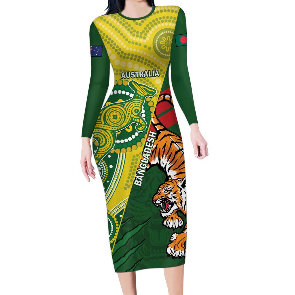 Custom Bangladesh And Australia Cricket Long Sleeve Bodycon Dress Kangaroo Tiger Together - Wonder Print Shop