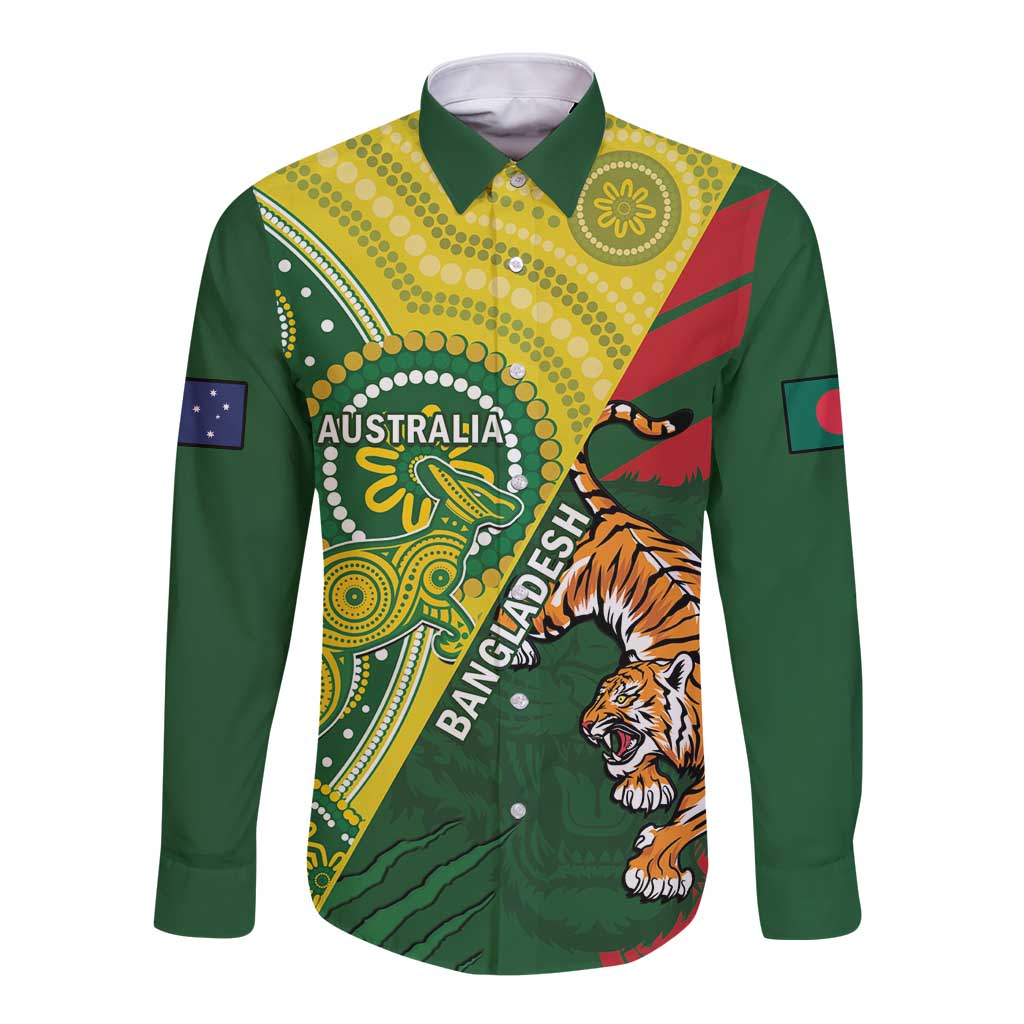 Green long-sleeve button cricket shirt with front tiger graphic and Australia crest