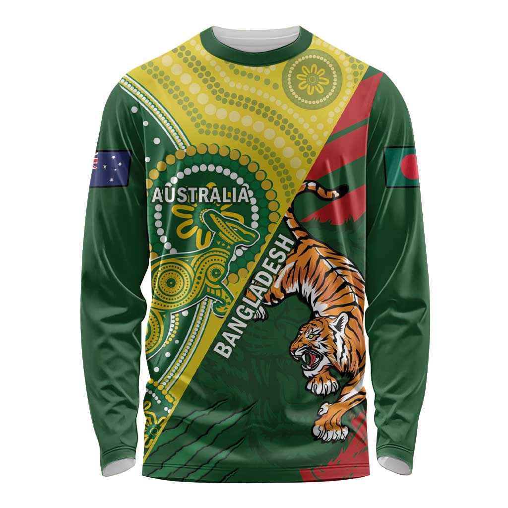 Custom Bangladesh And Australia Cricket Long Sleeve Shirt Kangaroo Tiger Together - Wonder Print Shop