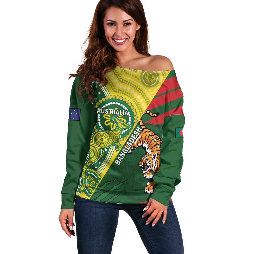 Custom Bangladesh And Australia Cricket Off Shoulder Sweater Kangaroo Tiger Together - Wonder Print Shop