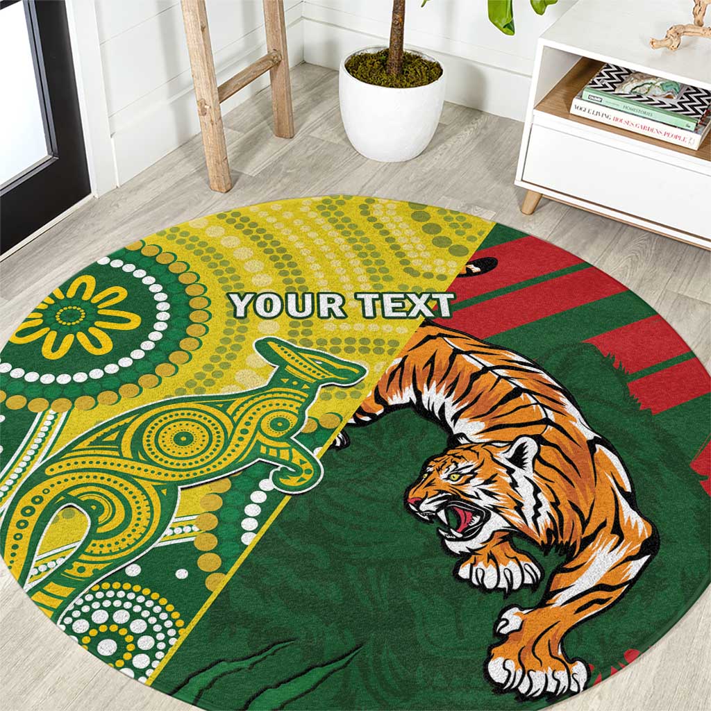 Round green rug featuring a tiger face illustration and decorative yellow patterns.