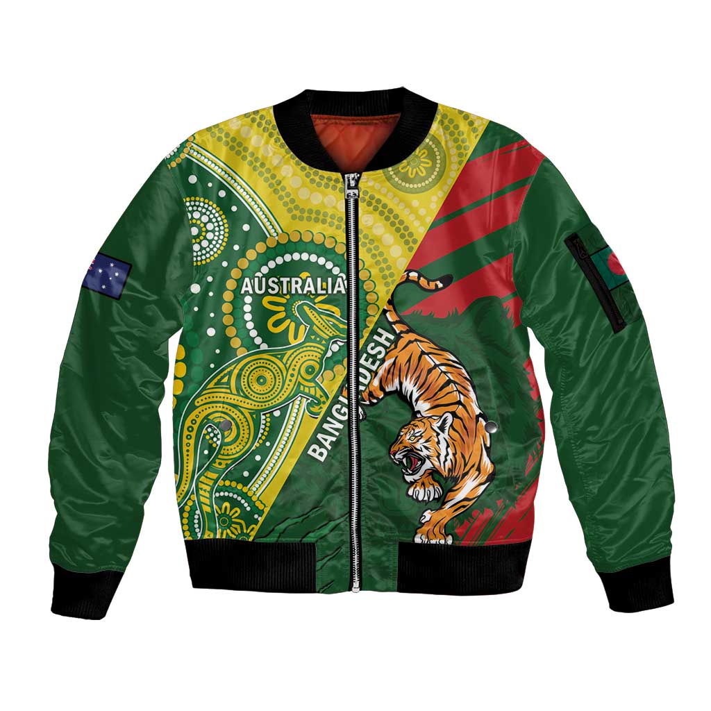 Custom Bangladesh And Australia Cricket Sleeve Zip Bomber Jacket Kangaroo Tiger Together