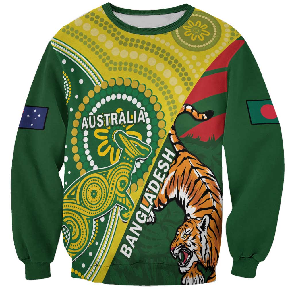 Green unisex cricket sweatshirt with kangaroo and tiger graphic, long sleeves