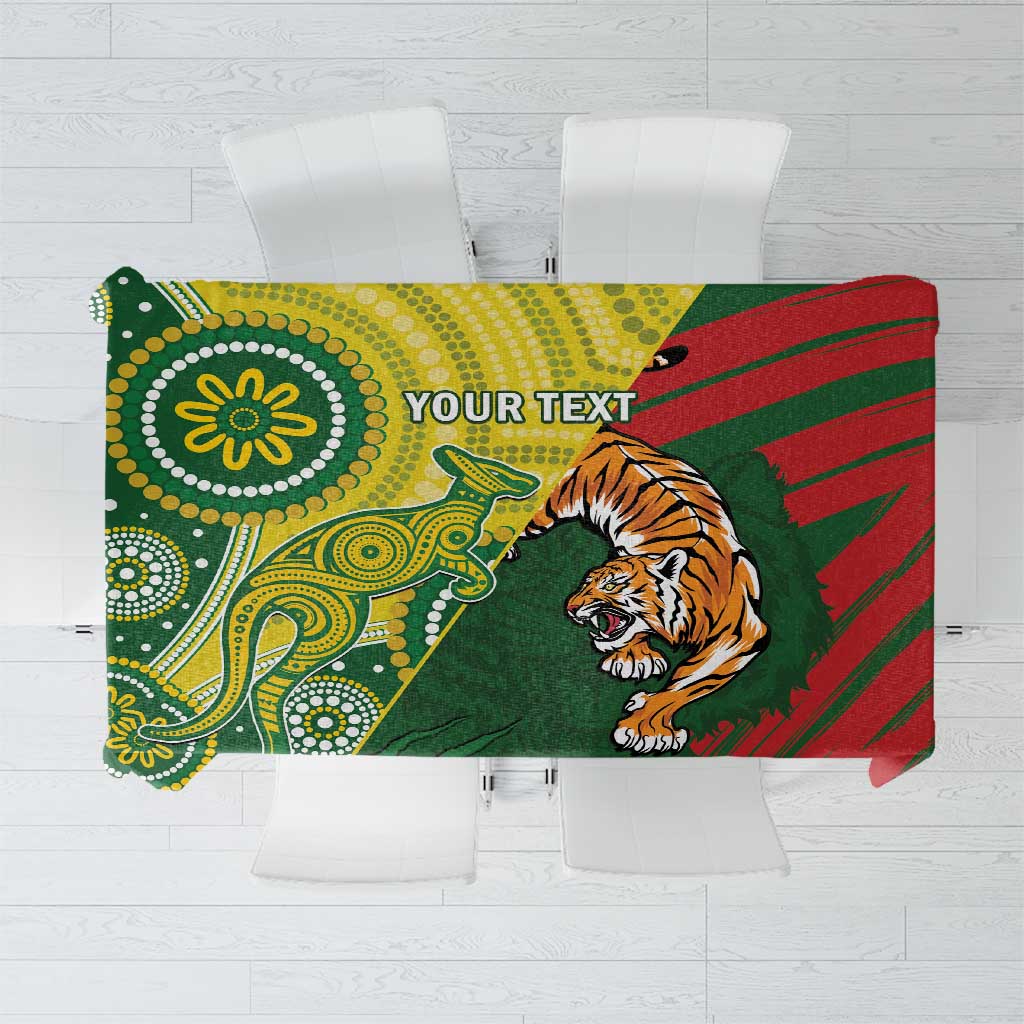 Rectangle tablecloth with green/yellow/red tiger graphic and 'YOUR TEXT'