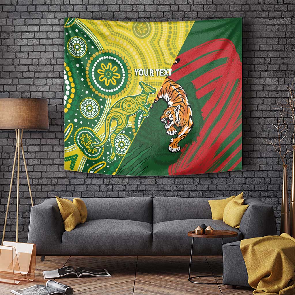 Green cricket tapestry with orange tiger face, patterned motifs, and "YOUR TEXT".