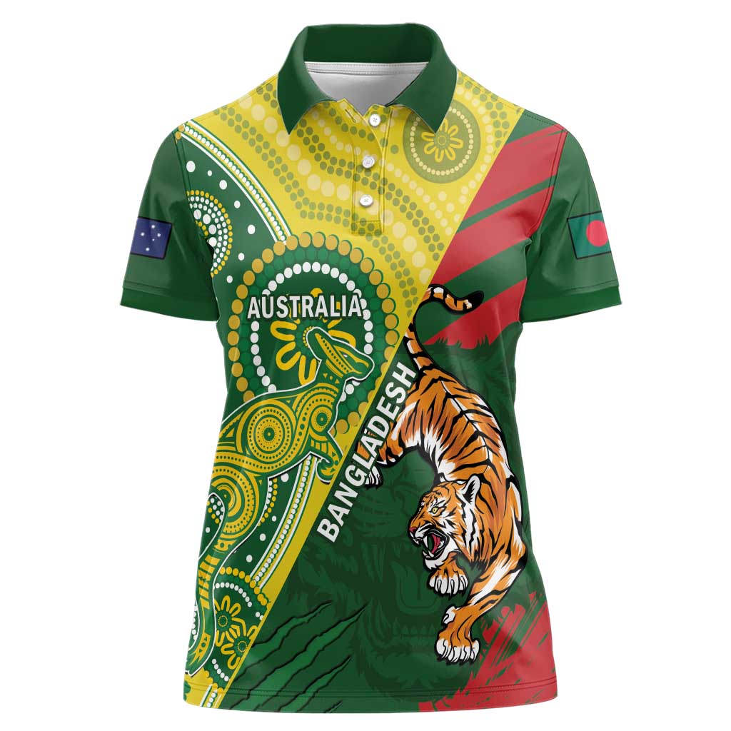 Custom Bangladesh And Australia Cricket Women Polo Shirt Kangaroo Tiger Together