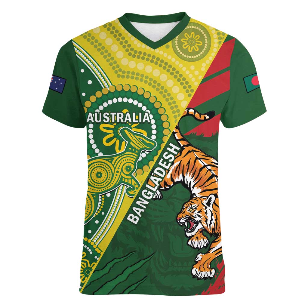 Custom Bangladesh And Australia Cricket Women V-Neck T-Shirt Kangaroo Tiger Together