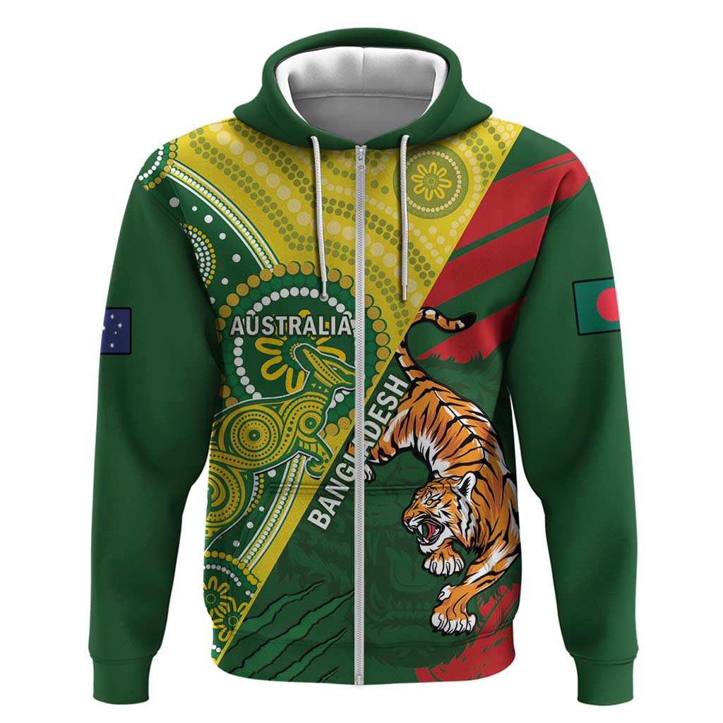 Custom Bangladesh And Australia Cricket Zip Hoodie Kangaroo Tiger Together