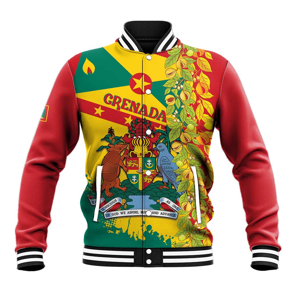 Red baseball jacket with striped collar, button front, and multicolor crest print
