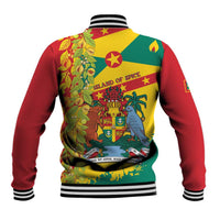 Back of red baseball jacket with striped collar, button front, and Island of Spice graphic