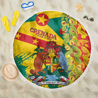 Round fringed beach blanket with Grenada map graphic in green, yellow, and red.