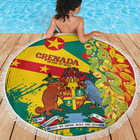 Circular fringed beach blanket stretched out, featuring Grenada emblem in green, yellow, red.