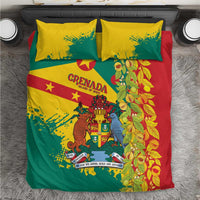 Red, green, and yellow bedding set with two matching pillowcases and crest artwork