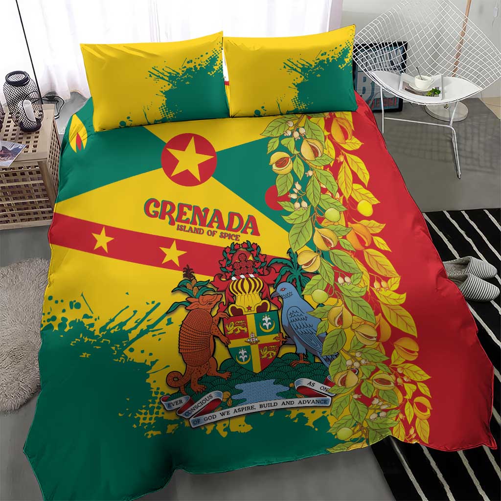 Red, green, and yellow bedding set featuring duvet and two pillowcases with leaf side print