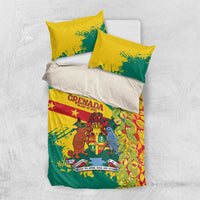 Folded view of red, green, and yellow duvet cover with two pillowcases matching crest design