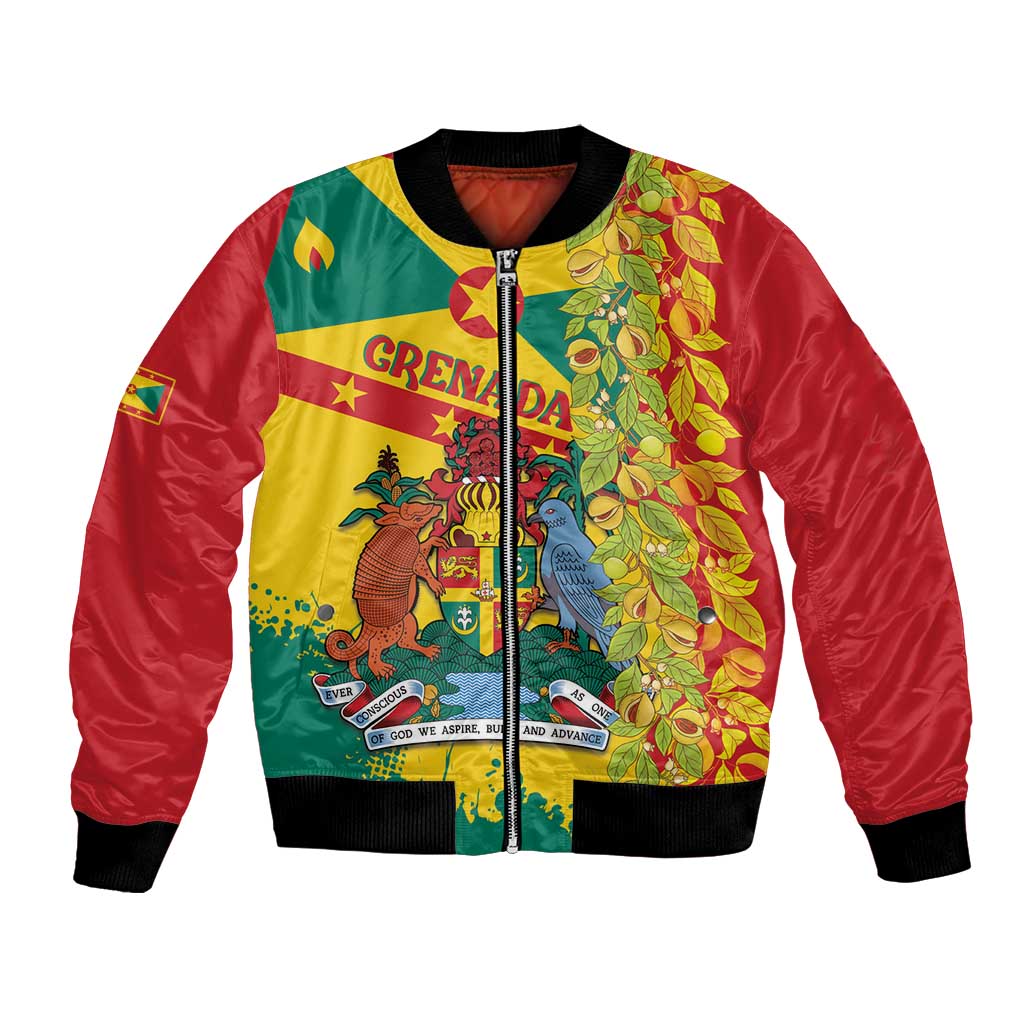 Red bomber jacket with multicolor Grenada graphic patchwork and ribbed cuffs