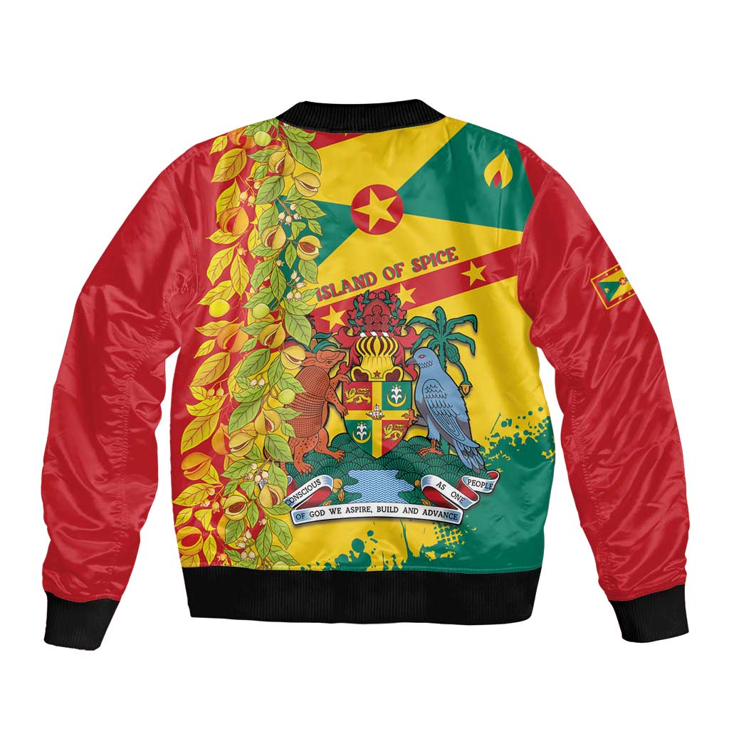 Red bomber jacket with yellow-blue Grenada crest and 'Island of Spice' text
