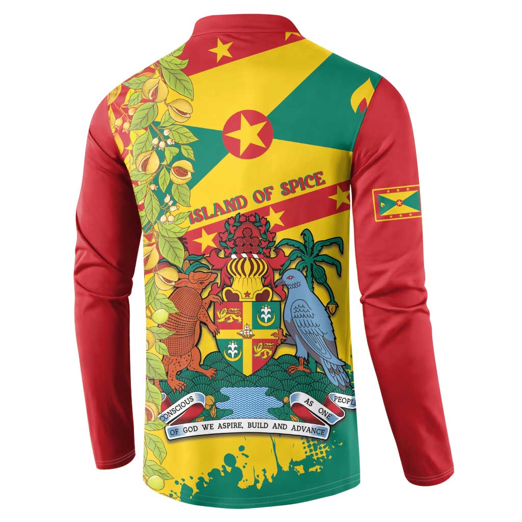Men's button sweatshirt with back graphic, “Island of Spice” and tropical leaves