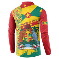 Men's button sweatshirt with back graphic, “Island of Spice” and tropical leaves