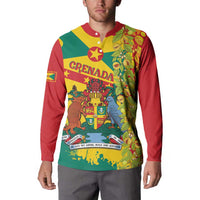 Men's button sweatshirt worn by model with tropical Grenada crest in red, green, yellow