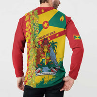 Men's button sweatshirt worn by model with back graphic, tropical leaves and Island of Spice