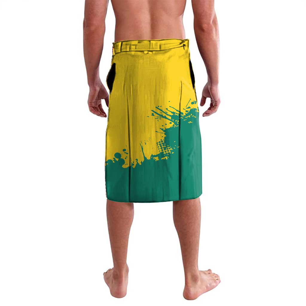 Lavalava-style sarong wrap skirt in yellow with green splatter pattern on back