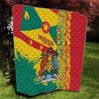 Quilted blanket featuring Grenada flag layout with crest and decorative foliage on edge.