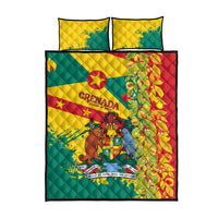 Grenada-themed quilt bed set with two yellow quilted pillowcases and central coat-of-arms print.