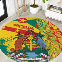 Round multicolor carpet with coat of arms, birds, leaves, and red star accents