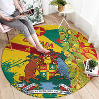 Round multicolor carpet with emblem, birds, foliage, and red star border accents